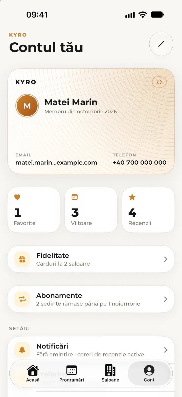 Contul tău în Kyro, cu cardurile de fidelitate de la două saloane.