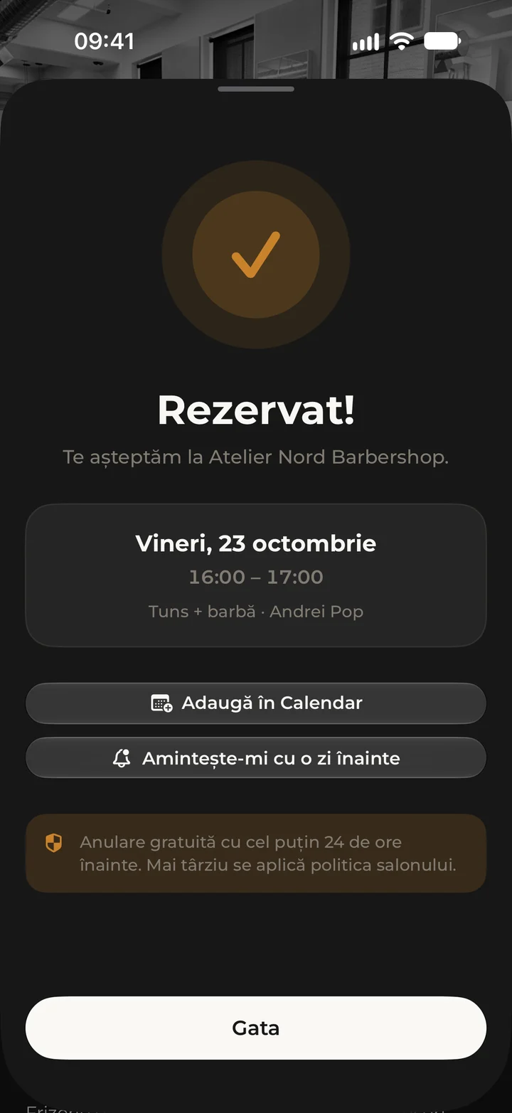Confirmarea „Rezervat!” în Kyro, vineri 23 octombrie, 16:00.