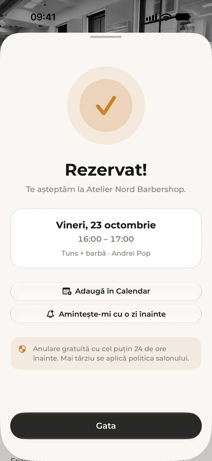 The “Rezervat!” (Booked!) confirmation for Friday 23 October, 16:00, with calendar and reminder options.