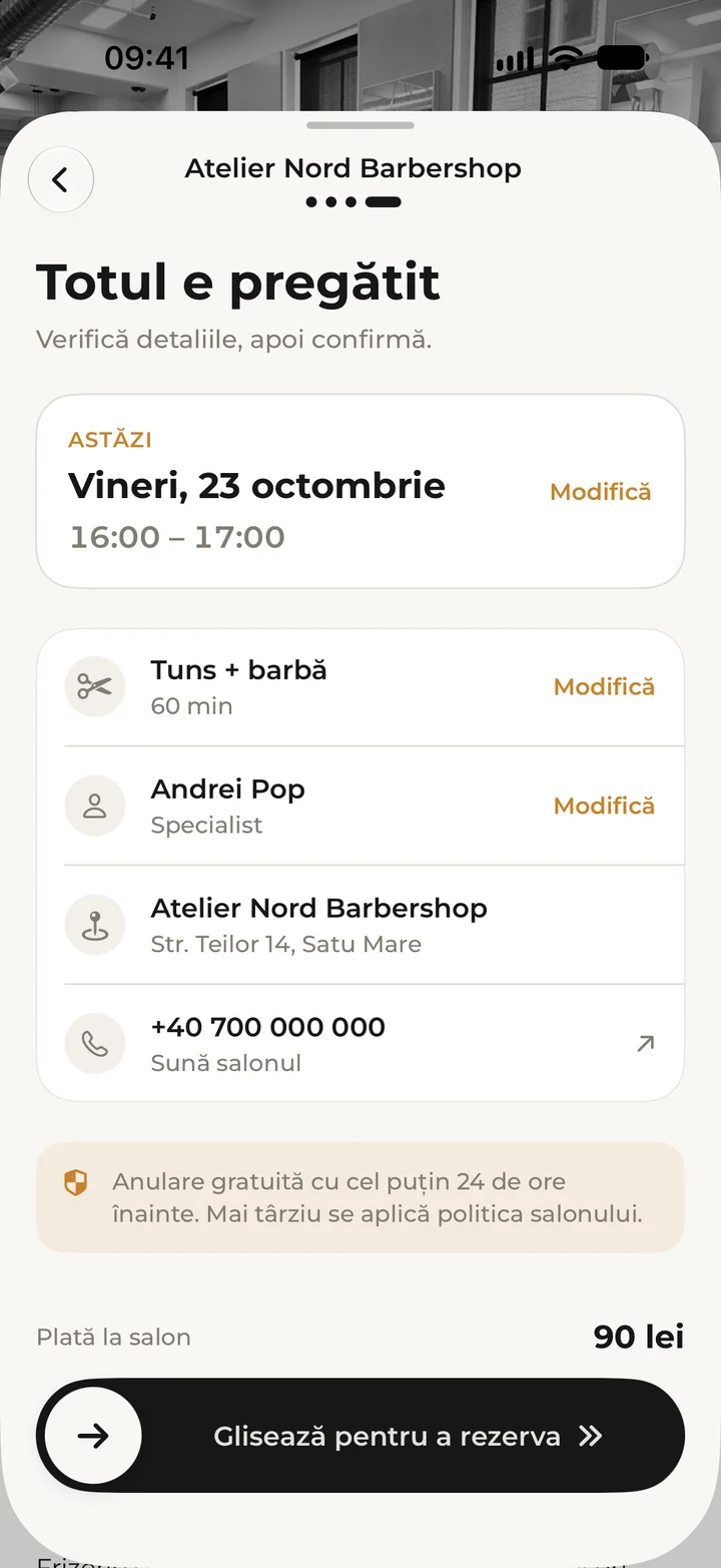 The “Totul e pregătit” (All set) screen with the service, specialist, salon, price and the swipe to book button.
