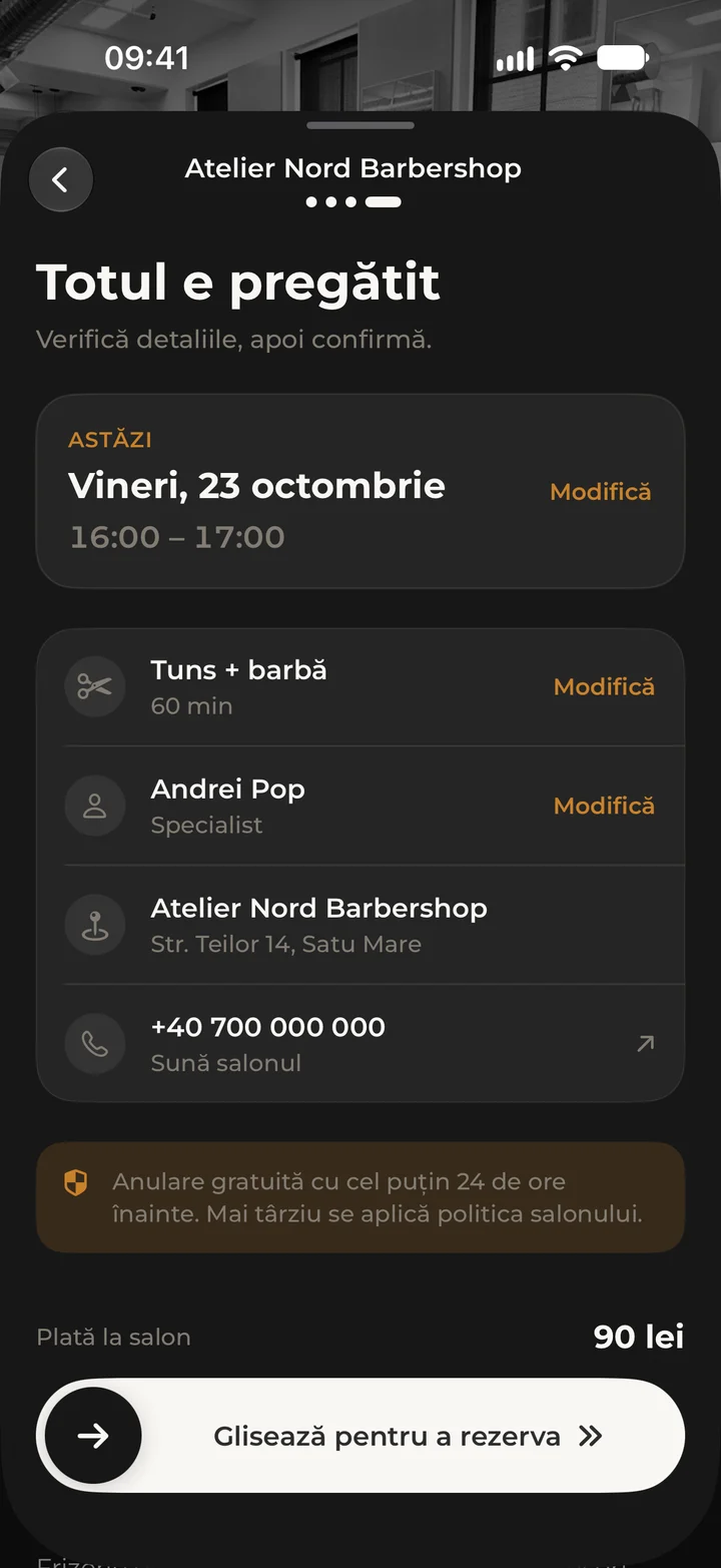 The “Totul e pregătit” (All set) screen with the service, specialist, salon, price and the swipe to book button.