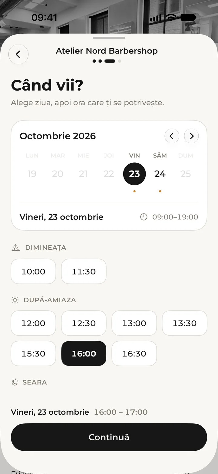 The “Când vii?” (When are you coming?) step, with Friday 23 October and 16:00 selected.