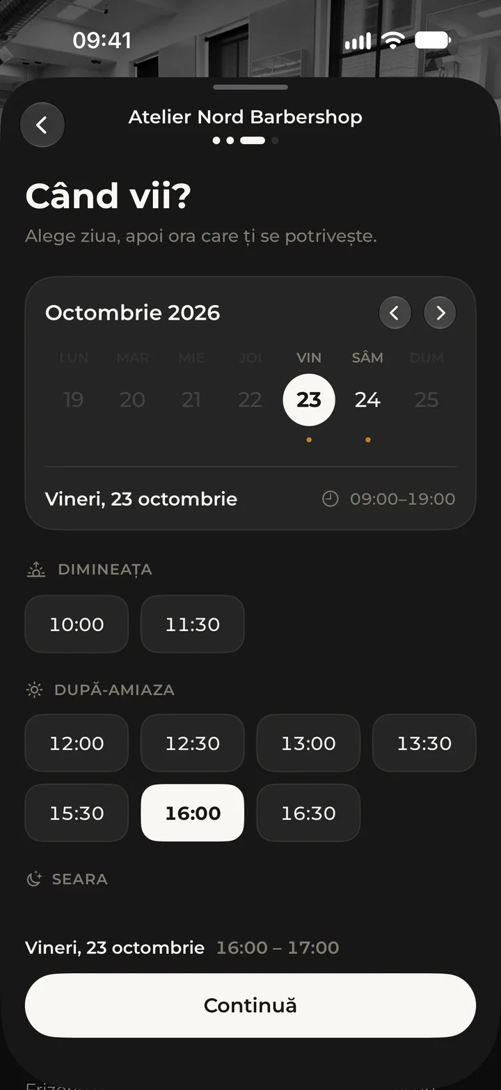 Alegerea zilei și a orei în Kyro, cu vineri ora 16:00 selectată.