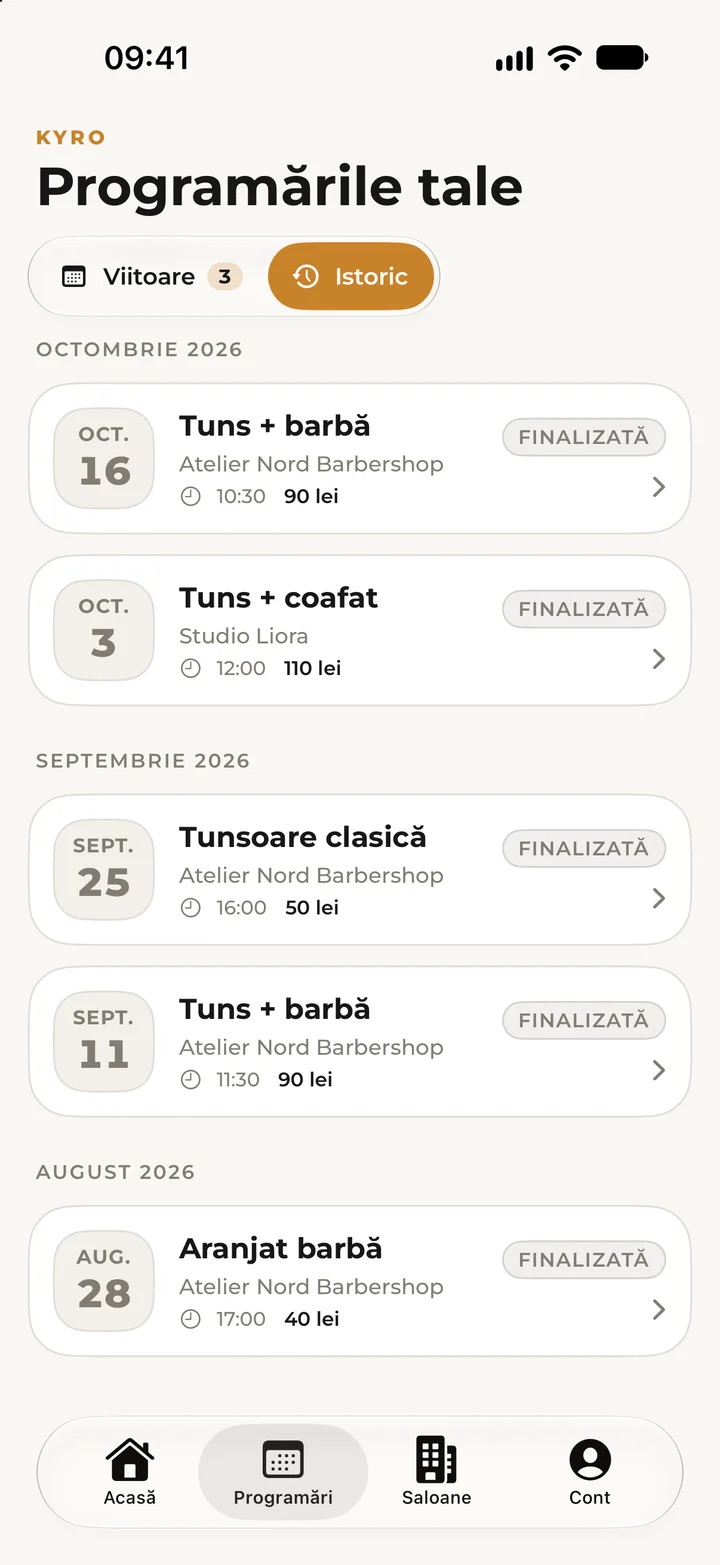 The booking history, grouped by month.