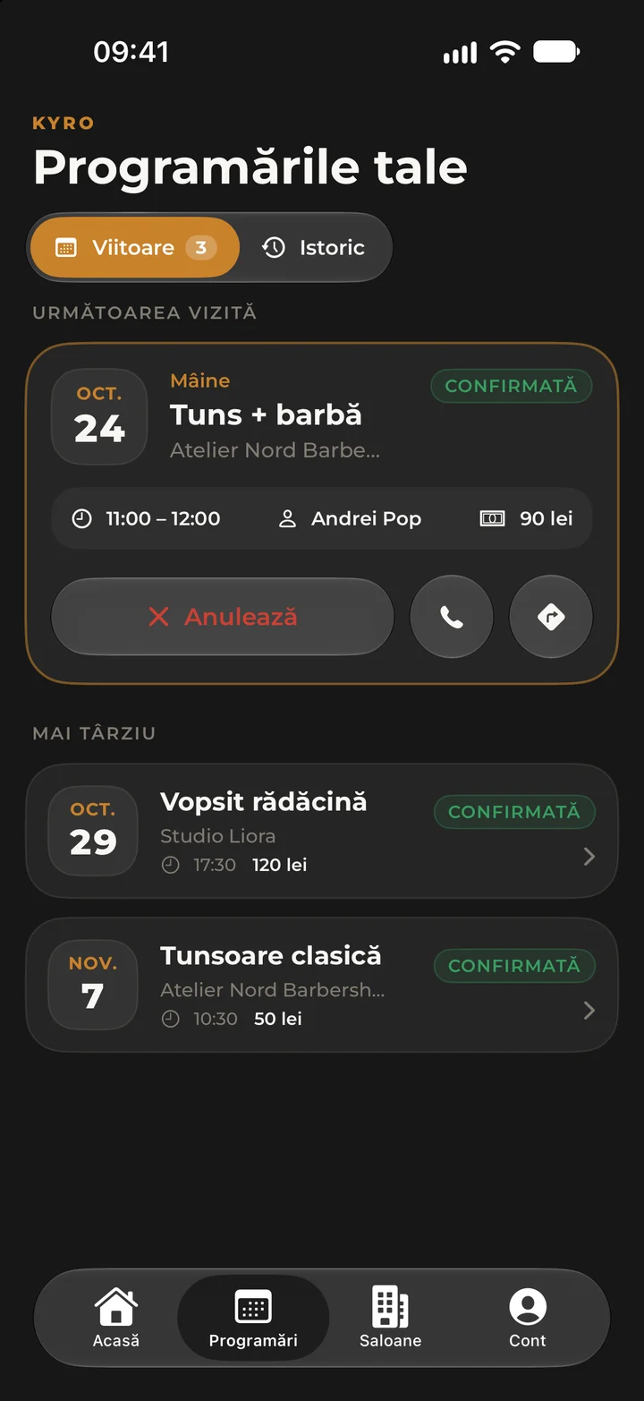 The “Programările tale” (Your bookings) list, with the next visit highlighted and the other confirmed bookings.