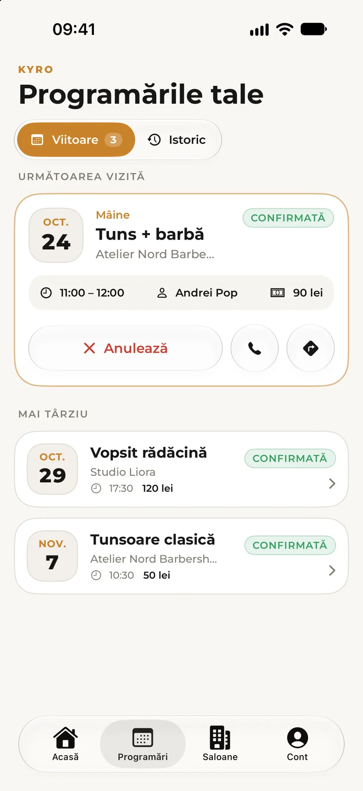 The “Programările tale” (Your bookings) list, with the next visit highlighted and the other confirmed bookings.