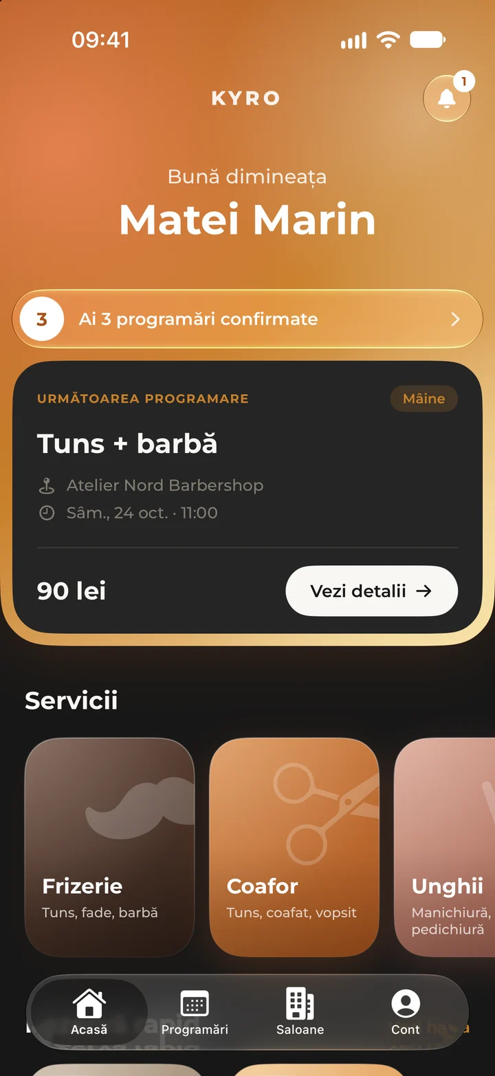 The Home screen in Kyro Booking, with a good-morning greeting for Matei Marin and his next appointment: haircut and beard at Atelier Nord Barbershop, tomorrow at 11:00.