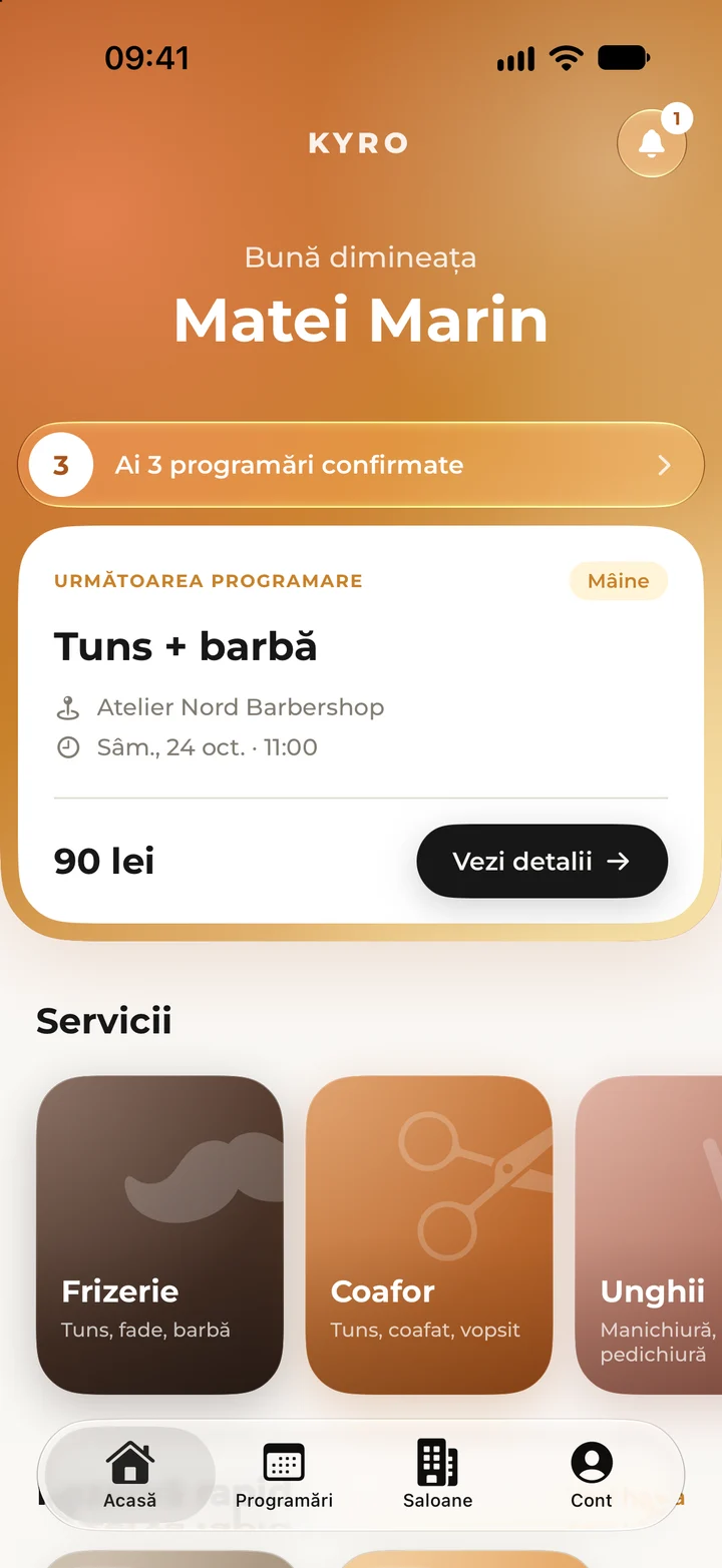 The Home screen in Kyro Booking, with a good-morning greeting for Matei Marin and his next appointment: haircut and beard at Atelier Nord Barbershop, tomorrow at 11:00.