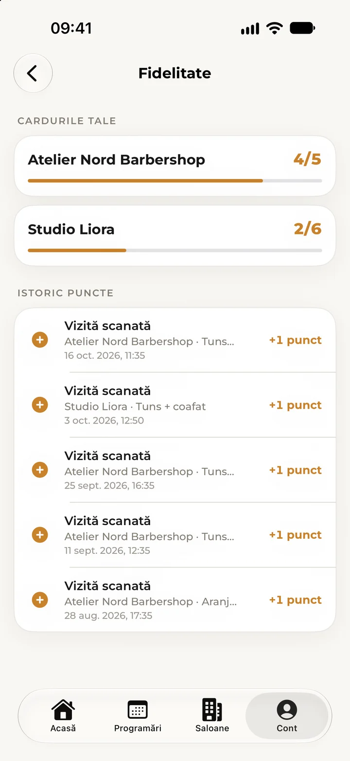 The Loyalty screen, with the client’s cards at two salons and the history of points earned.