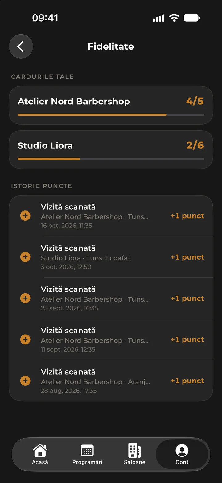 The Loyalty screen, with the client’s cards at two salons and the history of points earned.