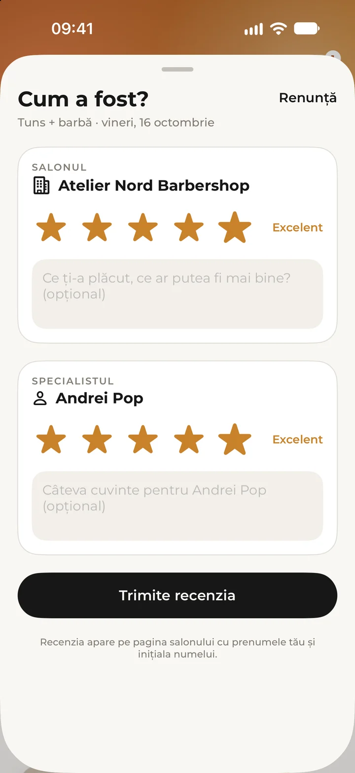 The review form, with stars for the salon and for the specialist.