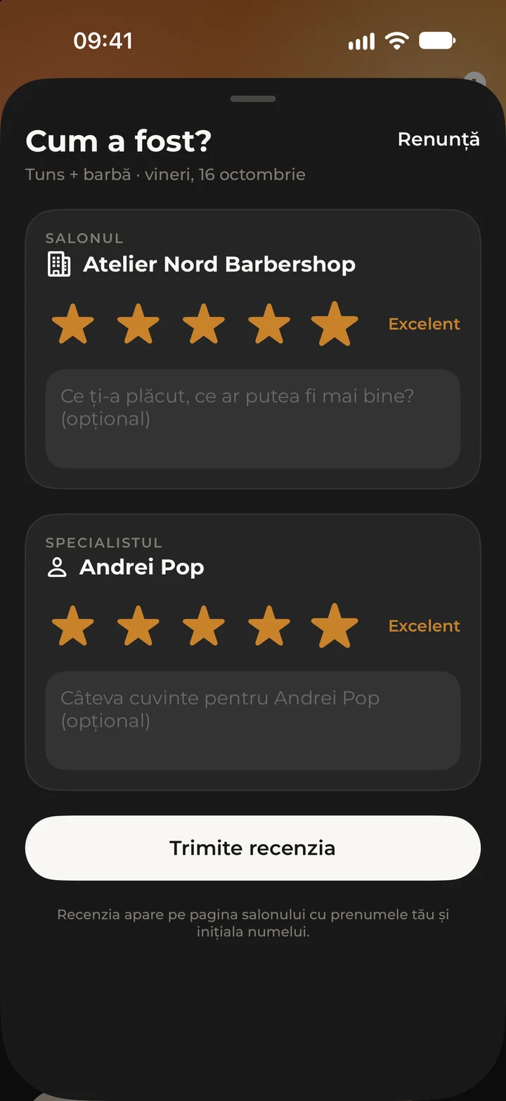 Formularul de recenzie, cu stele pentru salon și pentru specialist.