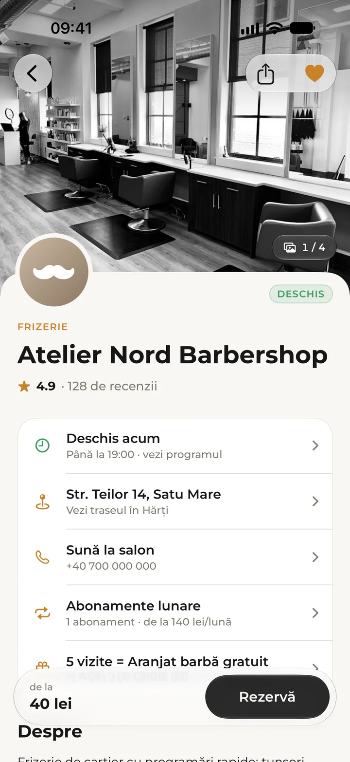 The Atelier Nord Barbershop salon page, rated 4.9 from 128 reviews, with opening hours and address.