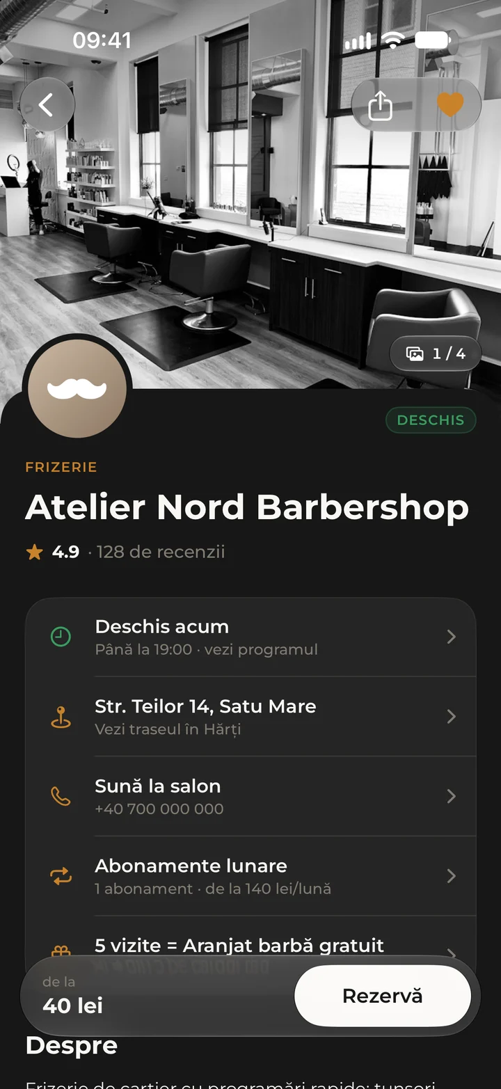Pagina salonului Atelier Nord Barbershop în Kyro, cu nota 4.9 din 128 de recenzii.