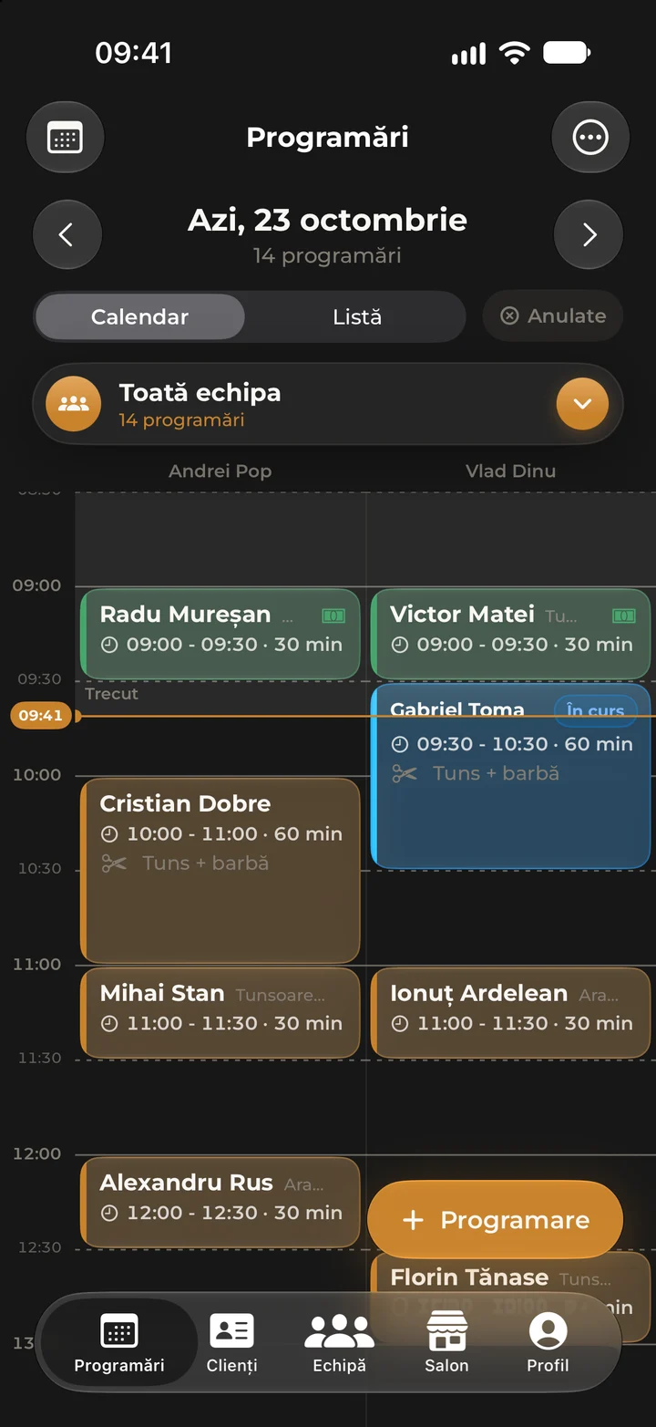 Calendarul echipei în Kyro Studio.