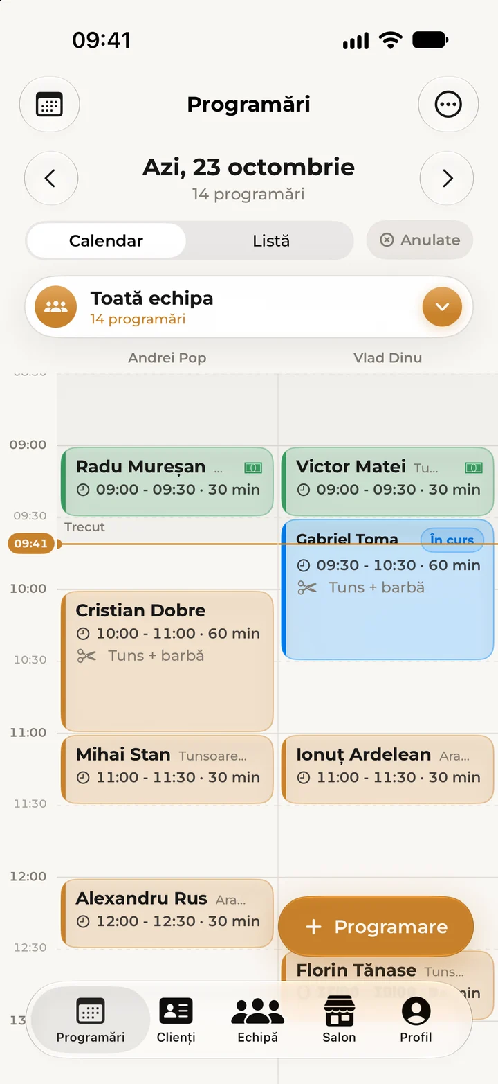 Calendarul echipei în Kyro Studio.