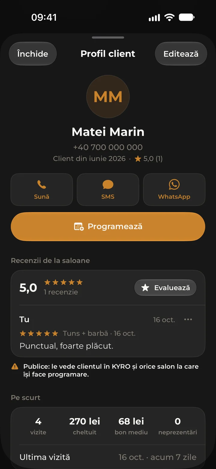 Fișa lui Matei Marin în Kyro Studio, cu butoanele de contact, butonul de programare și rezumatul vizitelor lui.