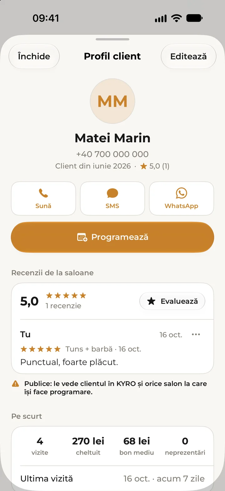 Fișa lui Matei Marin în Kyro Studio, cu butoanele de contact, butonul de programare și rezumatul vizitelor lui.