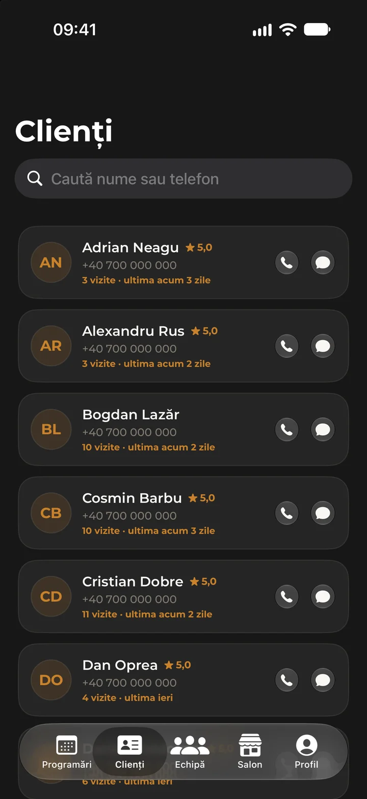 Lista de clienți din Kyro Studio, cu numărul de vizite al fiecăruia.
