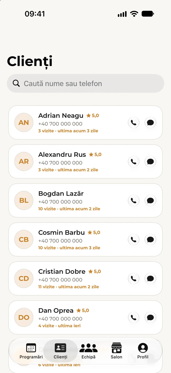 Lista de clienți din Kyro Studio, cu numărul de vizite al fiecăruia.