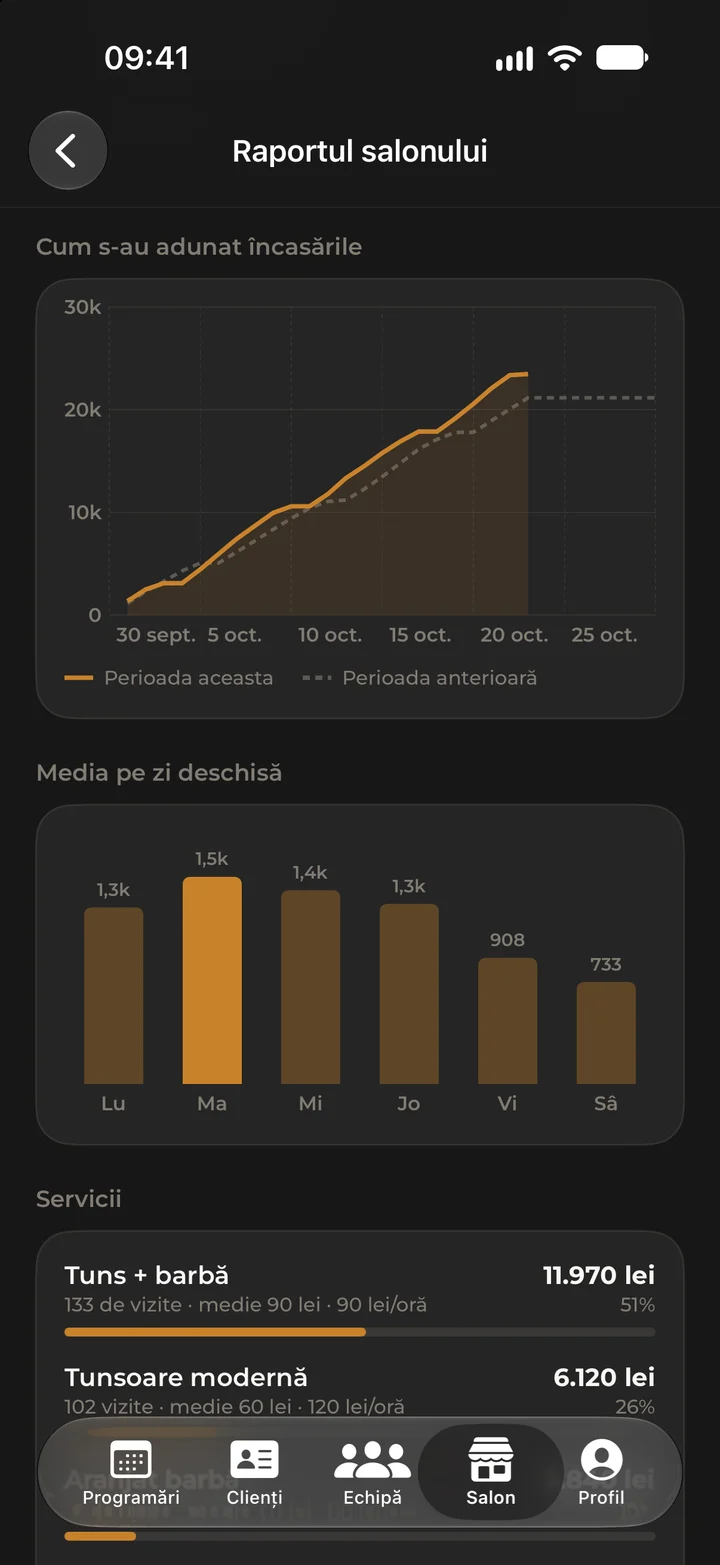 Graficele raportului de încasări din Kyro Studio.