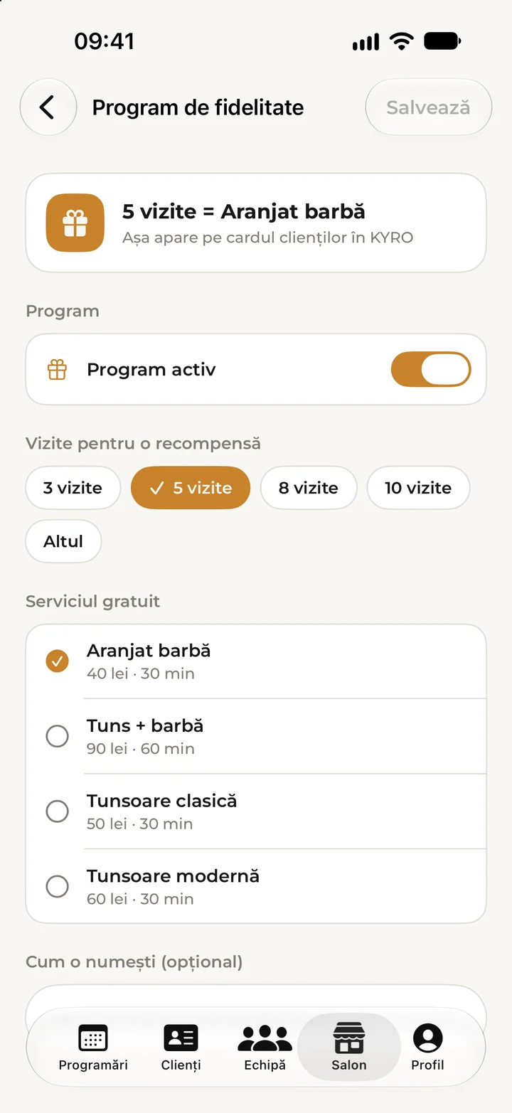 Programul de fidelitate al salonului: 5 vizite și serviciul oferit gratuit.