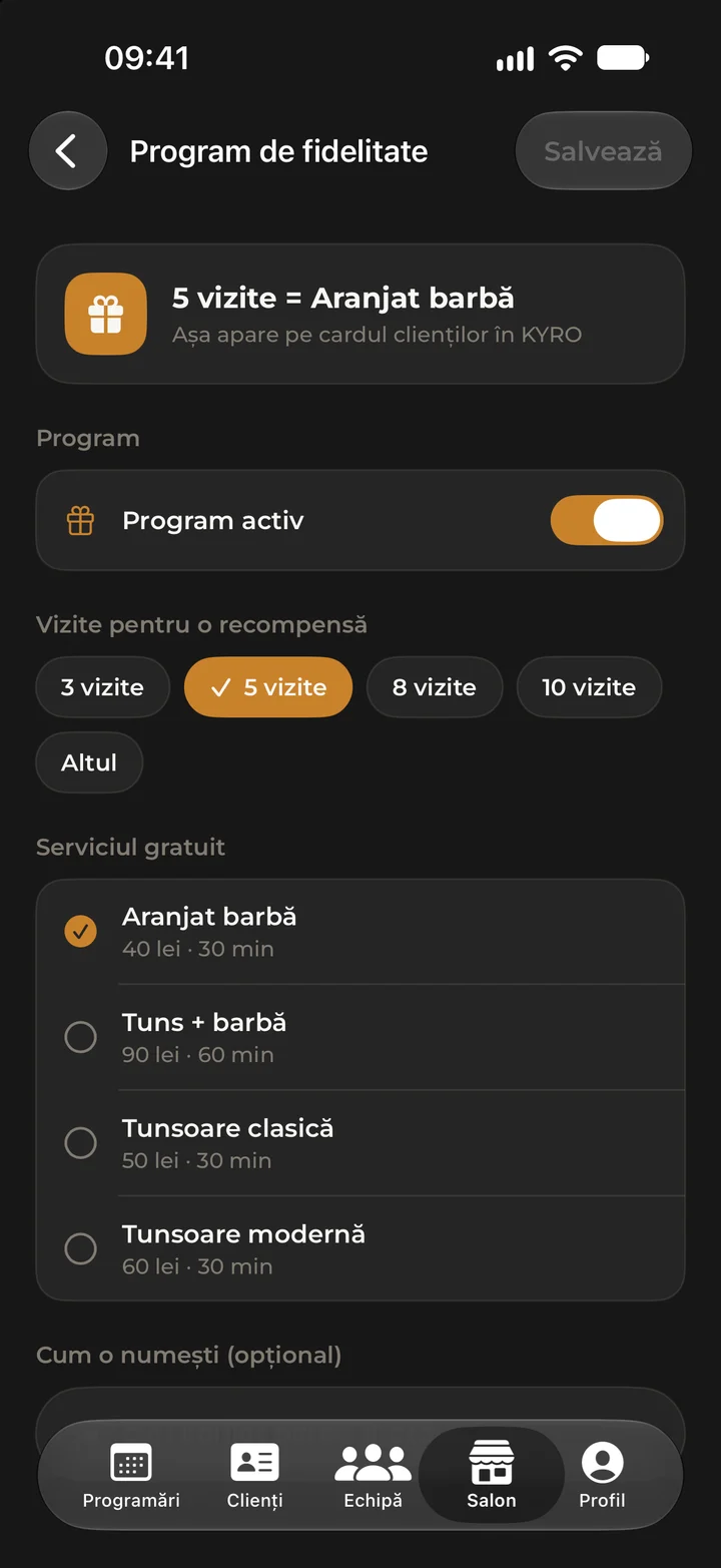 Programul de fidelitate al salonului: 5 vizite și serviciul oferit gratuit.